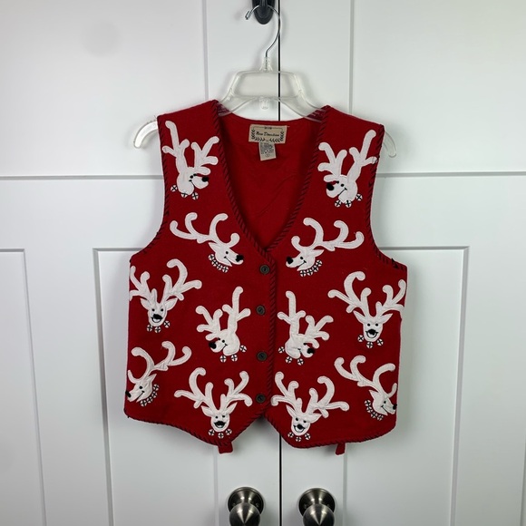 Vintage Wool Blend Vest SMALL Red White Reindeer Holiday Ugly Christmas - Picture 2 of 6